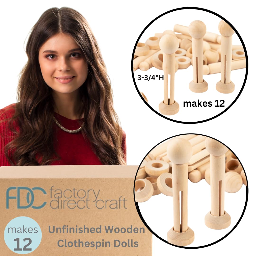 Factory Direct Craft Pack of 12 Unfinished Wood Clothespin Dolls with Head Beads and Stands - DIY Wooden Doll Figures for Crafts and Ornaments Factory Direct Craft