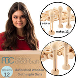 Factory Direct Craft Pack of 12 Unfinished Wood Clothespin Dolls with Head Beads and Stands - DIY Wooden Doll Figures for Crafts and Ornaments Factory Direct Craft