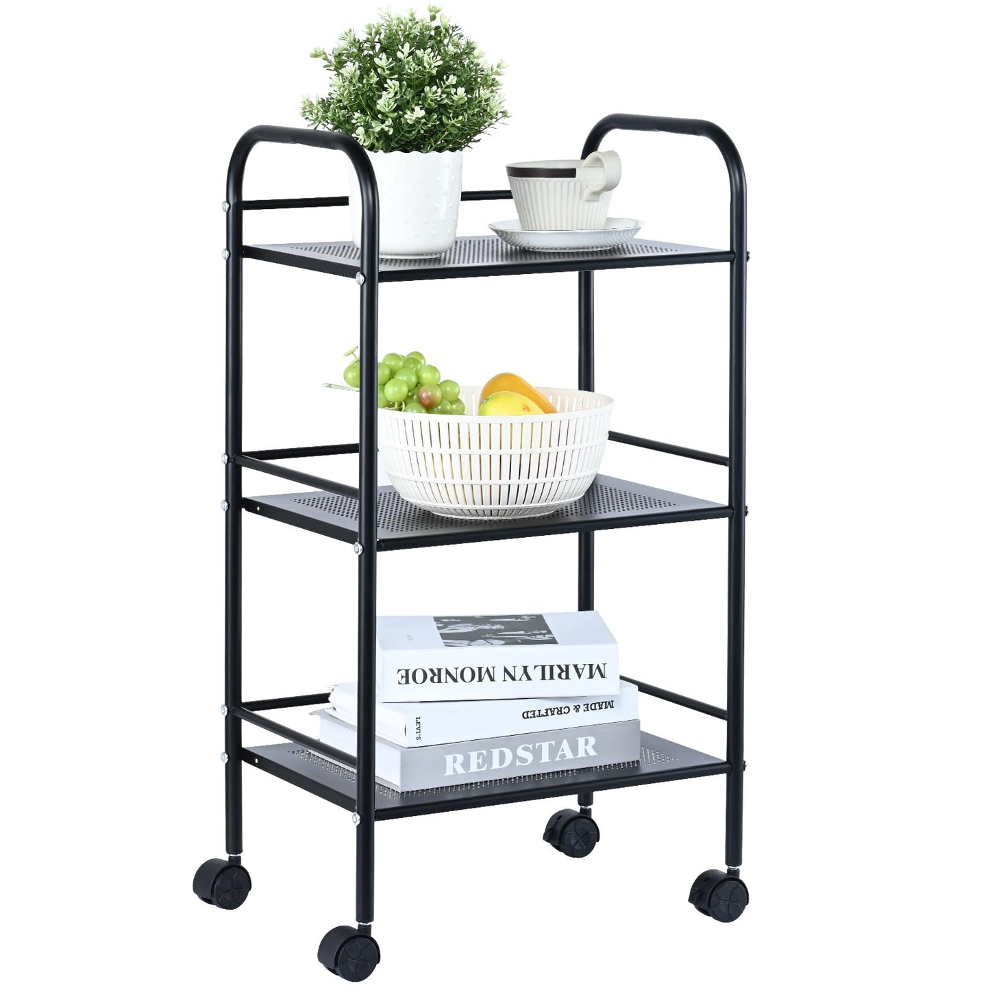 VEVOR 3-Tier Metal Rolling Cart, Heavy Duty Utility Cart with Lockable Wheels, Multi-Functional Storage Trolley with Handle for Office, Living Room, - WoodArtSupply