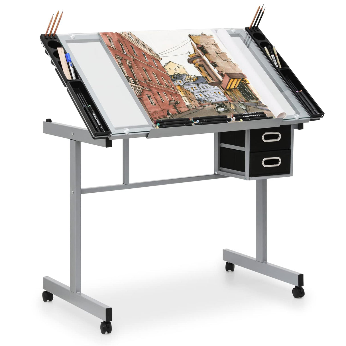Magshion Drafting Table Adjustable Height Artist Desk with Tilting Clear Glass Tabletop, Portable Art Desk with 2 Storage Drawers and 2 Lockable Magshion