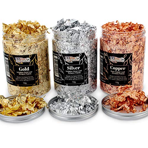U.S. Art Supply Metallic Foil Schabin Gilding Metal Leaf Flakes 30 Gram Kit - Set of 3 Colors Imitation Gold and Silver, Copper in 10 Gram Bottles - U.S. Art Supply