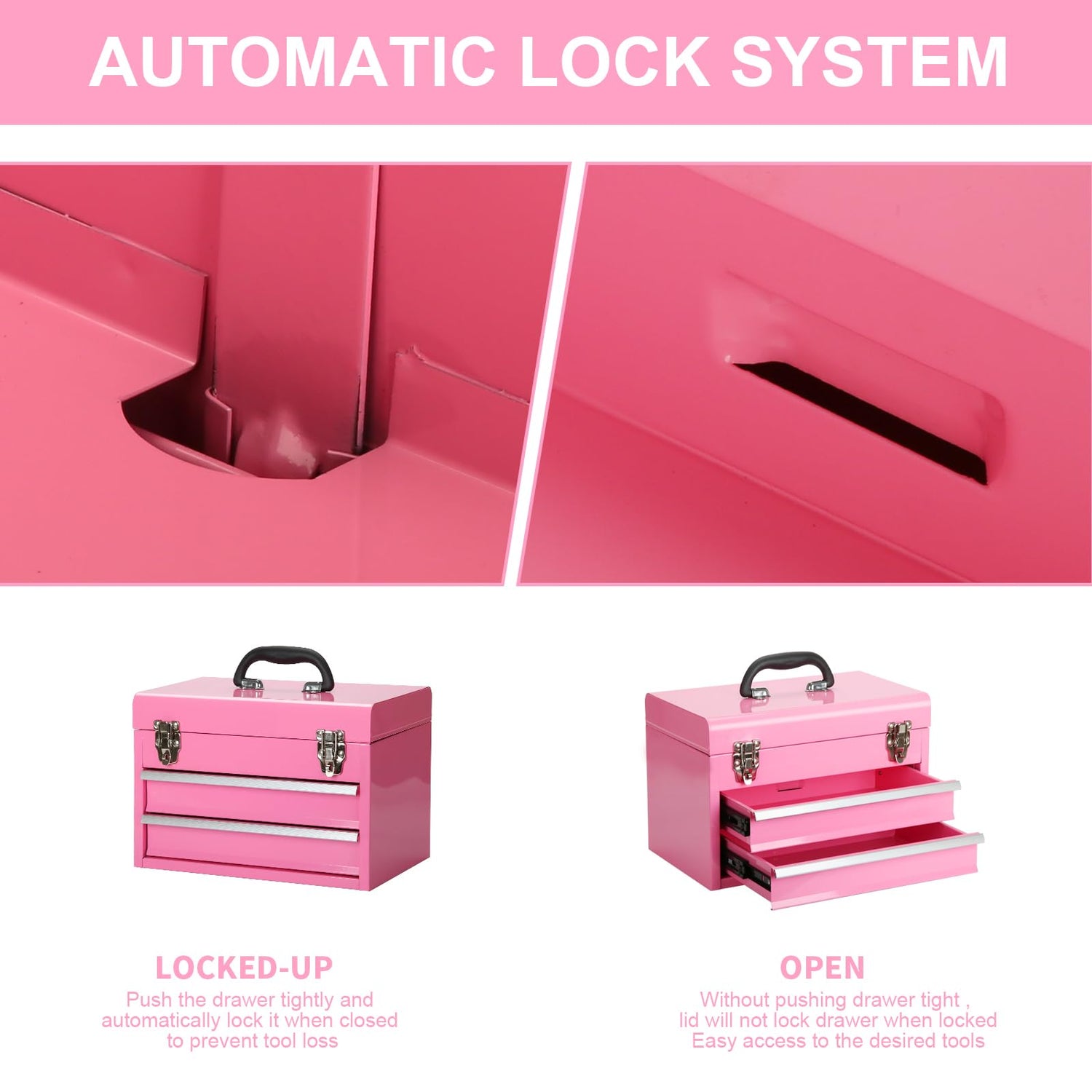 14 Inch Steel Portable Tool Box with drawers - Tool Storage Box Organizer with Metal Latch Closur - Powder Coated Toolbox Chest for Tools Storage TWUBLK