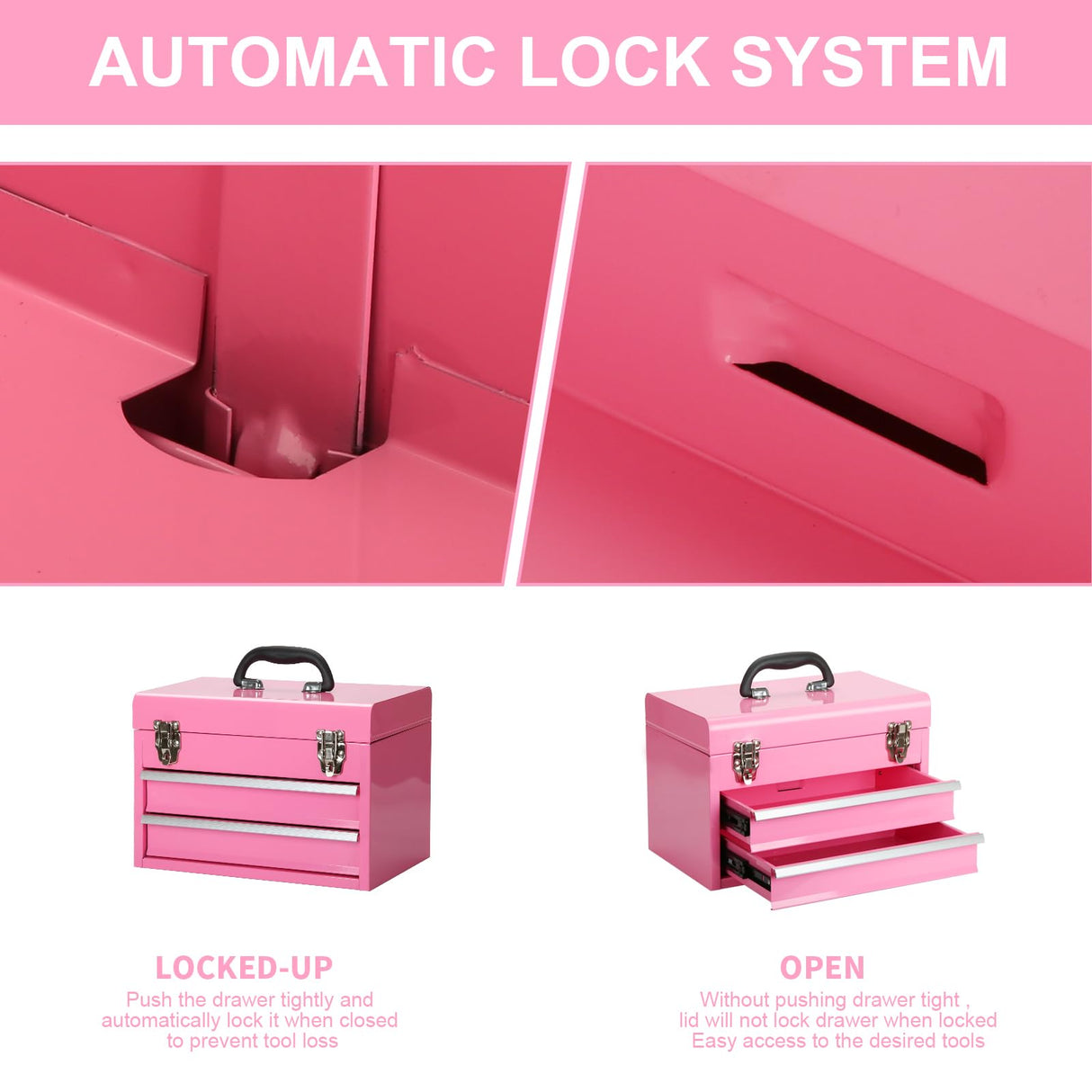 14 Inch Steel Portable Tool Box with drawers - Tool Storage Box Organizer with Metal Latch Closur - Powder Coated Toolbox Chest for Tools Storage TWUBLK