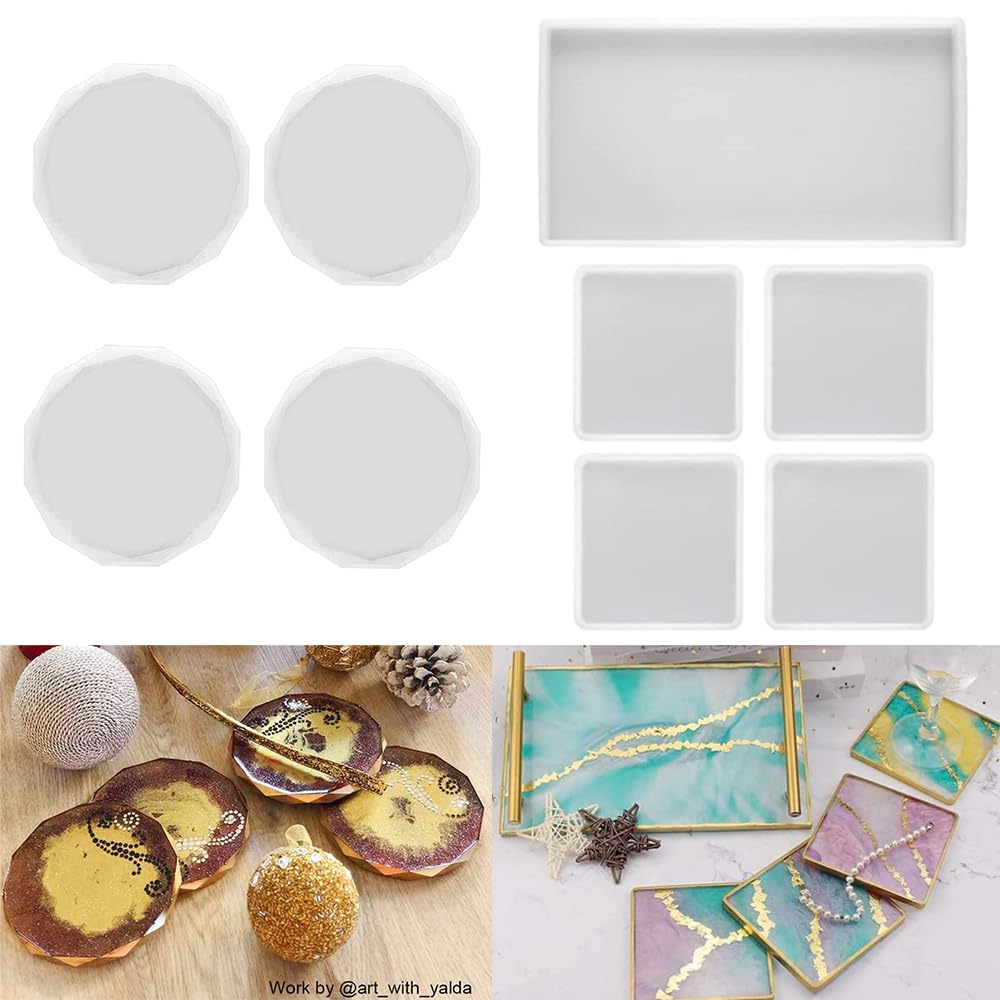 RESINWORLD Resin Tray Mold, 1Pc Thick Rectangle Tray Mold with 4 Pack Square Coaster Molds + 4 Pack Resin Coaster Molds, Diamond Edge Crystal Coaster ResinWorld
