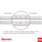Starrett Spring Tempered Steel Rule with Satin Chrome Finish, Quick Reading and Inch Graduations - 6" Length, 4R Graduation Type, 3/64" Thickness - Starrett