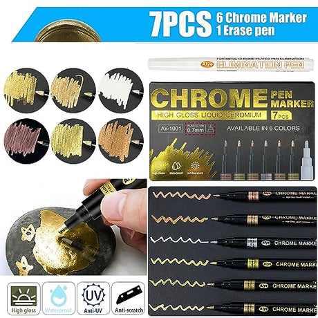 PeaMirmy 6 Colors Liquid Chrome Paint Pen Markers,Metallic Art Paint Marker Pen for Any Surfac for Plastic Glass Rock Ceramic With Marker Clear pen PeaMirmy