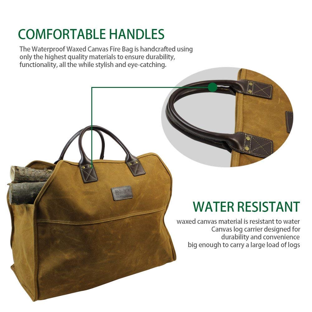 Heavy Duty Wax Canvas Log Carrier Tote,Large Fire Wood Bag,Durable Firewood Holder,Canvas Shopping Bags, Fireplace Wood Stove Accessories Storage Bag INNO STAGE