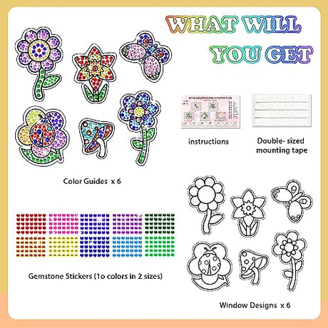 Window Suncatcher Gem Art Diamond Painting Kits for Kids - Fun Arts & Crafts 6 Sheets Flowers Gem Art Painting Kits by Numbers for Girl, Birthday atydkug