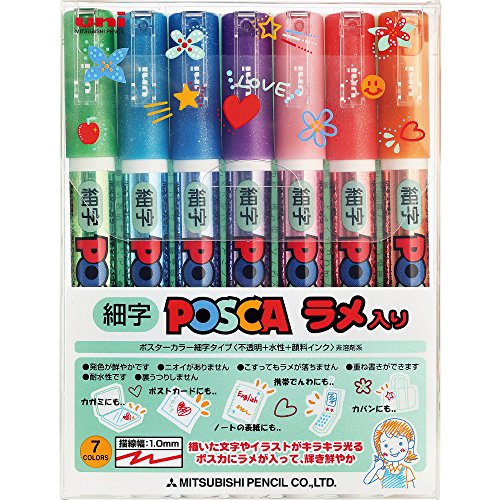 Uni Posca Glitter Marker Pc-3ml 7C, Fine Point, 7 Colors Set - WoodArtSupply