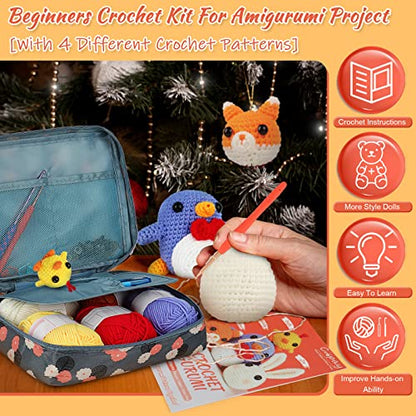 Coopay Crochet Kit for Beginners Kids Adults - Cute Penguin, Chicken, Rabbit & Fox, Complete Crochet Set with 4 Different Crochet Patterns, DIY