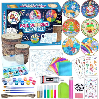 atydkug Kids Wooden Painting Kit - Glow in The Dark Foil Arts & Crafts Gifts for Boys Girls Ages 5-12 Wood Slices with Gem Painting Sets, Creative