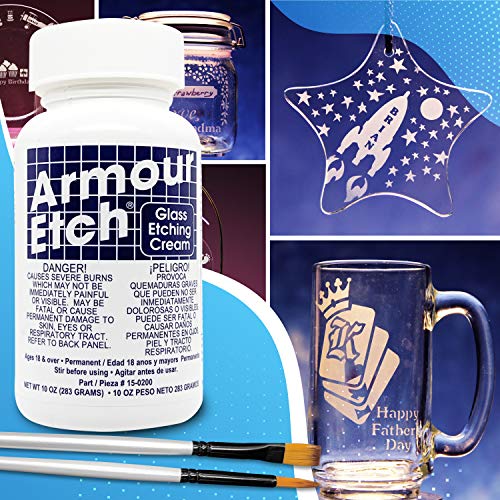 Armour Etch Glass Etching Cream Kit - Create Permanently Etched Designs - 10oz Net Weight - Bundled with Moshify Application Brushes - WoodArtSupply