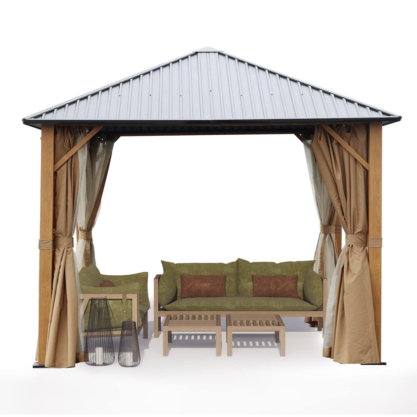 Aoodor 10 x 10 ft. Wooden Finish Coated Aluminum Frame Gazebo with Hardtop Roof, Outdoor Gazebos with Curtains and Nettings, for Patio Backyard Deck