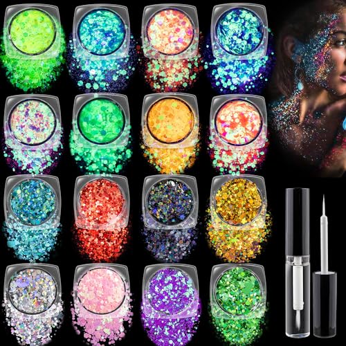 Chunky Glitter and Glow in The Dark Glitter 16 Colors with Glue Set 1, Holographic Body Glitter + Glow Glitter for Women Face Body Nail Hair Sparkle - WoodArtSupply