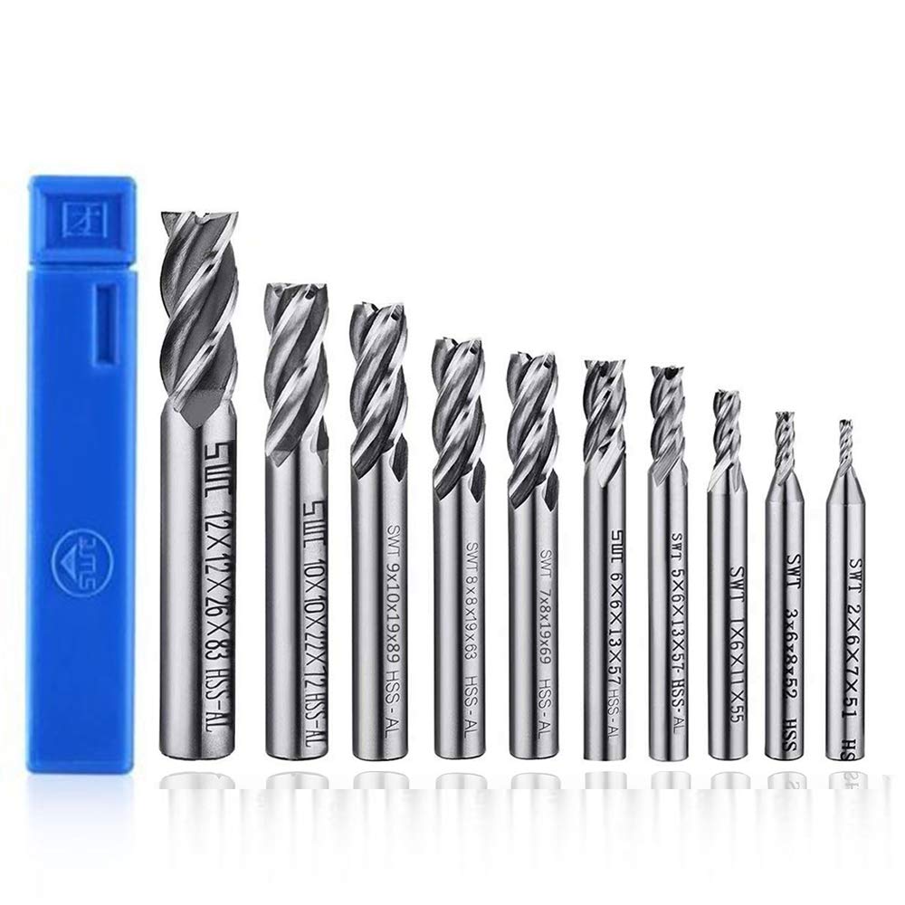 ASNOMY 10pcs 4-Flute End Mill Set, Metric CNC Milling Cutter Drill Bits Router Bits Cutter Tool Set for Wood Aluminum Steel Titanium, Straight Shank ASNOMY