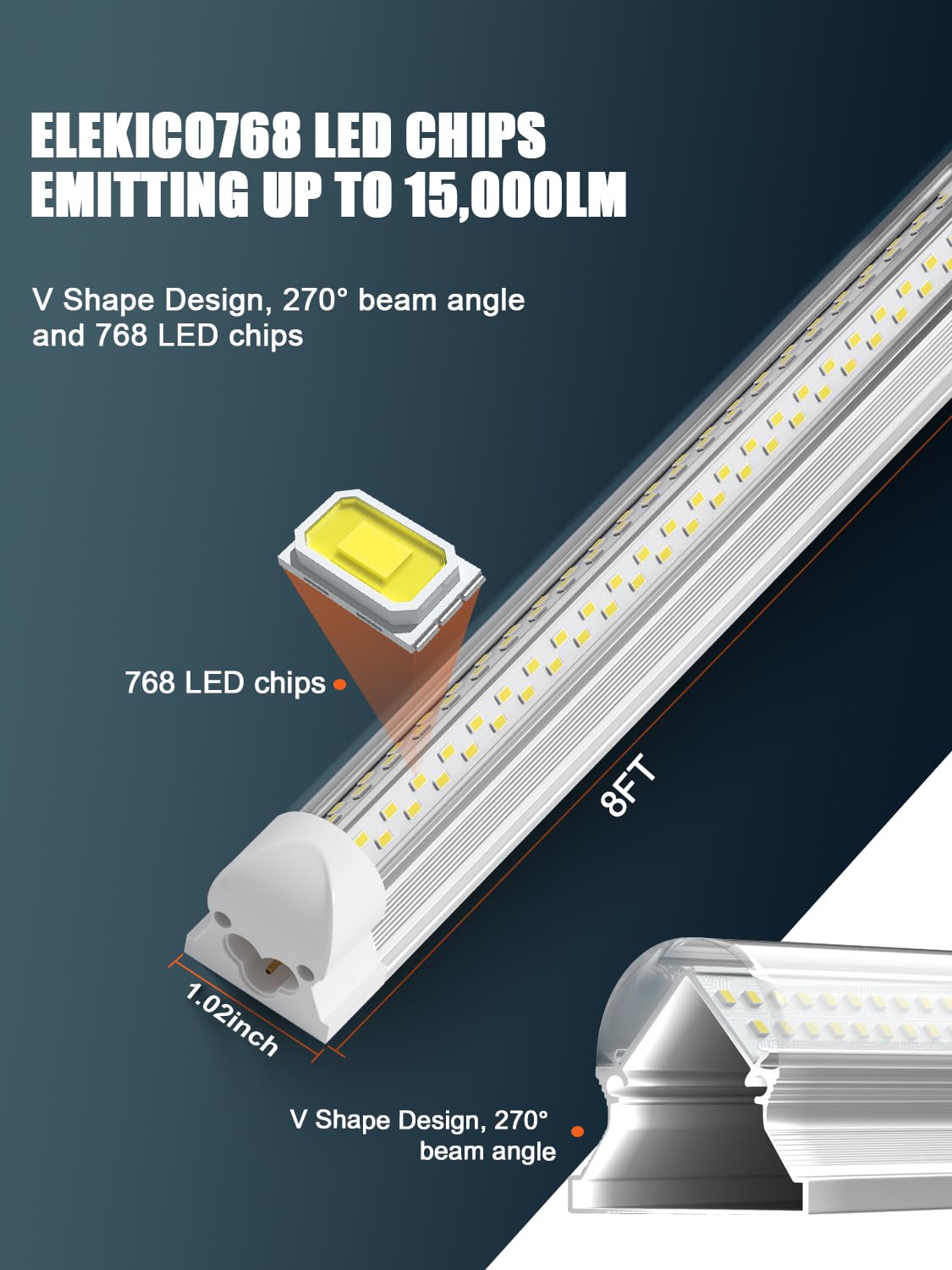 ELEKICO 6 Pack 100w 8ft Led Shop Light, Super Bright 15000lm 5000k V Shape 8' Led Shop Lights, Linkable 8 Foot Led Shop Lights for Garage Warehouse, ELEKICO