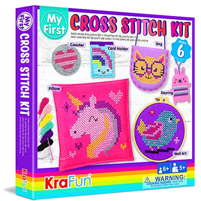 KRAFUN Beginner My First Cross Stitch Kit for Kids Arts & Crafts, 6 Easy Projects of Felt Keyring, Bag, Pillow Craft, Instructions, Gift for Girls