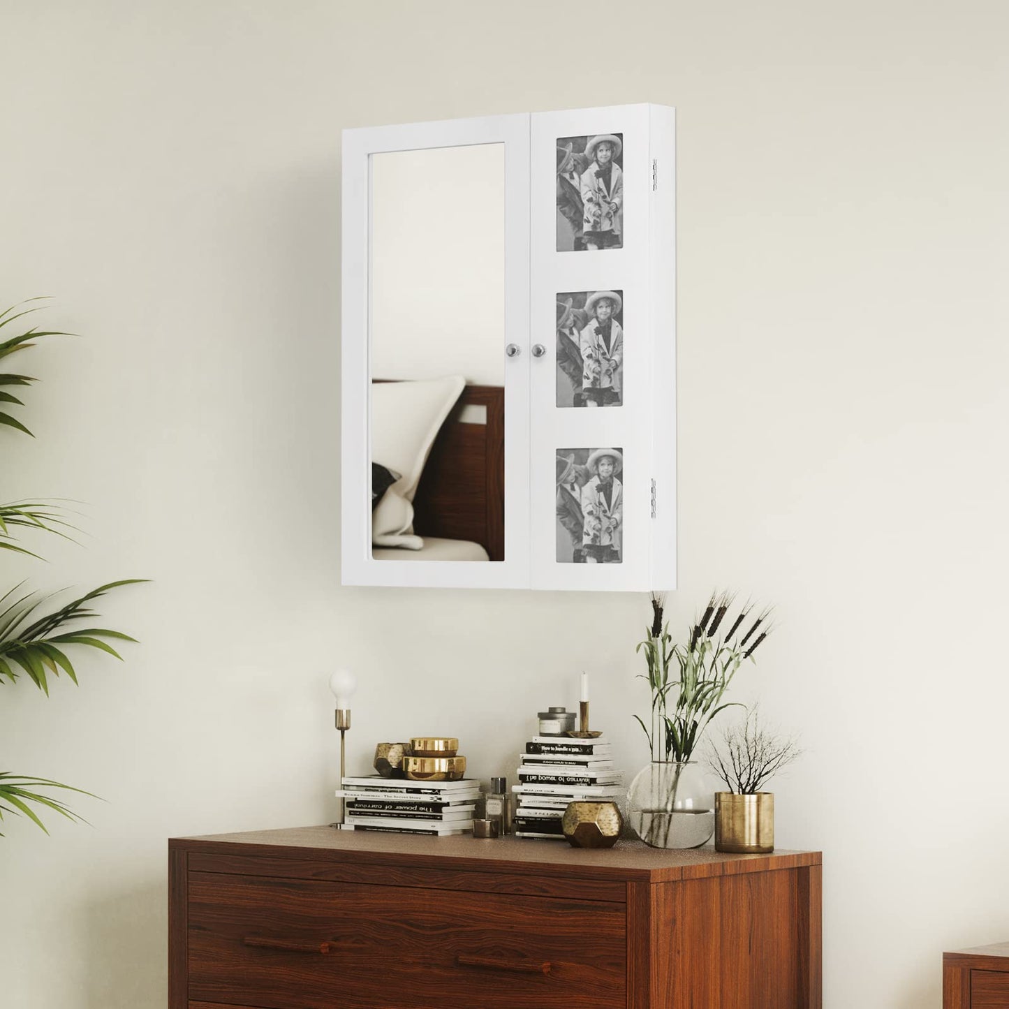 Jewelry Storage Cabnet with Mirror, Wooden Wall Mounted Jewelry Cabinet With Photo Frame, Multi-Layer Storage And Jewelry Storage - White (17.32 x