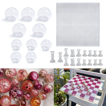 RESINWORLD 12 inches XL Large Checkers Chess Board Mold for Resin, Full Size 3D Silicone Chess Piece Mold + 10Pcs Small Clear Silicone Sphere Molds, 1.7'' 1.3'' Resin Knob Molds, Orbs/Ball Mold