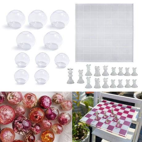 RESINWORLD 12 inches XL Large Checkers Chess Board Mold for Resin, Full Size 3D Silicone Chess Piece Mold + 10Pcs Small Clear Silicone Sphere Molds, ResinWorld
