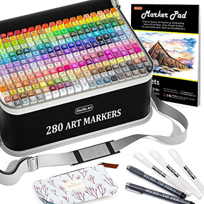 Shuttle Art 280 Colors Dual Tip Alcohol Based Art Markers, 279 Colors Permanent Marker Plus Colorless Blender, Micro-tip Pens, White Highlighter