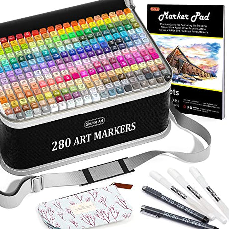 Shuttle Art 280 Colors Dual Tip Alcohol Based Art Markers, 279 Colors Permanent Marker Plus Colorless Blender, Micro-tip Pens, White Highlighter Shuttle Art