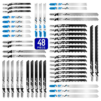 Jigsaw Blades Set 48pcs,Contractor Assorted T Shank Jig Saw Blades,Multi-Purpose HCS/HSS Saw Blades for Cutting Wood,Plastic,Metal