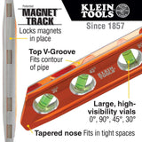 Klein Tools 935AB4V Level, 6-Inch Magnetic Torpedo and Conduit Level with 0/30/45/90 Degree Vials, V-Groove and Magnet Track, High Visibility Orange Klein Tools