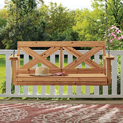 Backyard Discovery Durable Cedar Farmhouse Outdoor Porch Swing with Chain, Water Resistant, Porch, Patio, Two Person Seating, 600 Lb Weight Capacity, - WoodArtSupply