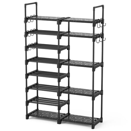 ROJASOP Shoe Rack Organizer, 8-Tier Metal Shoe Rack for Closet Entryway Garage, 26-32 Pairs Tall Shoe Boot Storage Shelf with 15 Hooks, Stackable ROJASOP