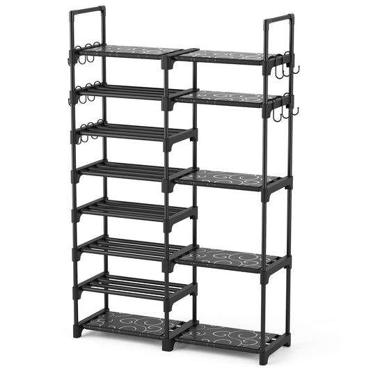 ROJASOP Shoe Rack Organizer, 8-Tier Metal Shoe Rack for Closet Entryway Garage, 26-32 Pairs Tall Shoe Boot Storage Shelf with 15 Hooks, Stackable - WoodArtSupply