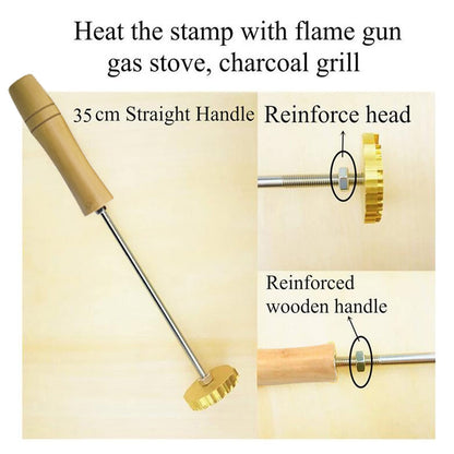 Custom Wood and Leather Branding Iron Stamp with Handle - Personalised BBQ Heat Stamp 1.5"x1.5"