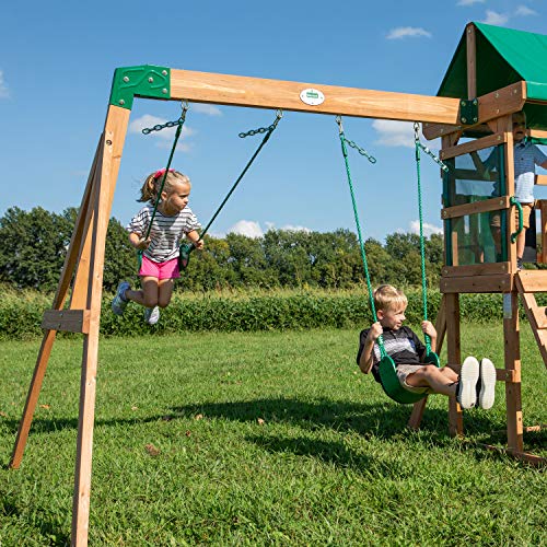 Backyard Discovery Buckley Hill Wooden Swing Set, Made for Small Yards and Younger Children, Two Belt Swings, Covered Mesh Fort with Canopy, Rock Backyard Discovery