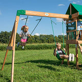 Backyard Discovery Buckley Hill Wooden Swing Set, Made for Small Yards and Younger Children, Two Belt Swings, Covered Mesh Fort with Canopy, Rock Backyard Discovery