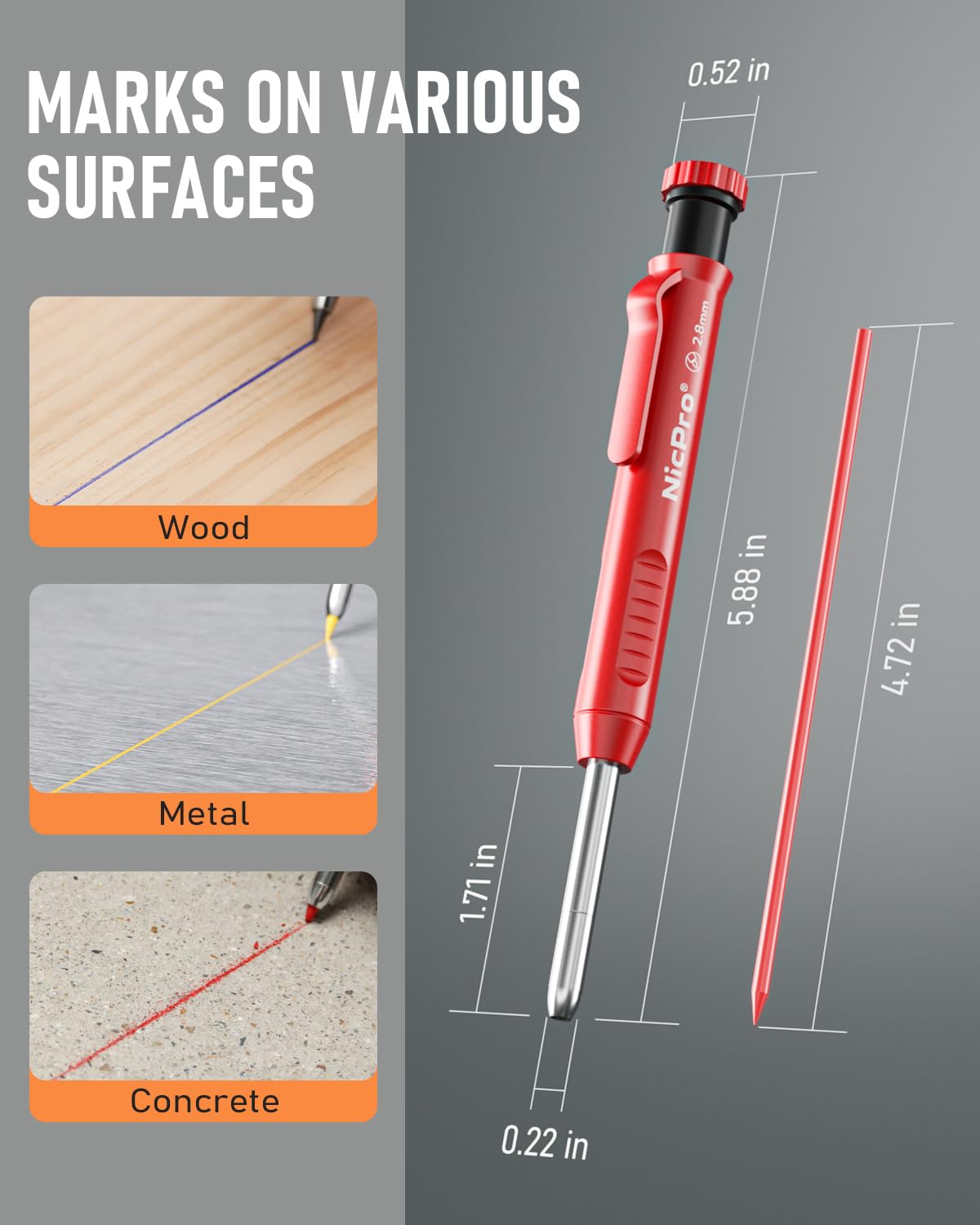 Nicpro 5 Pack Carpenter Pencil with Sharpener, Mechanical Carpenter Pencils with 41 Refills (Red, Black, Yellow), Deep Hole Marker Construction Heavy Nicpro