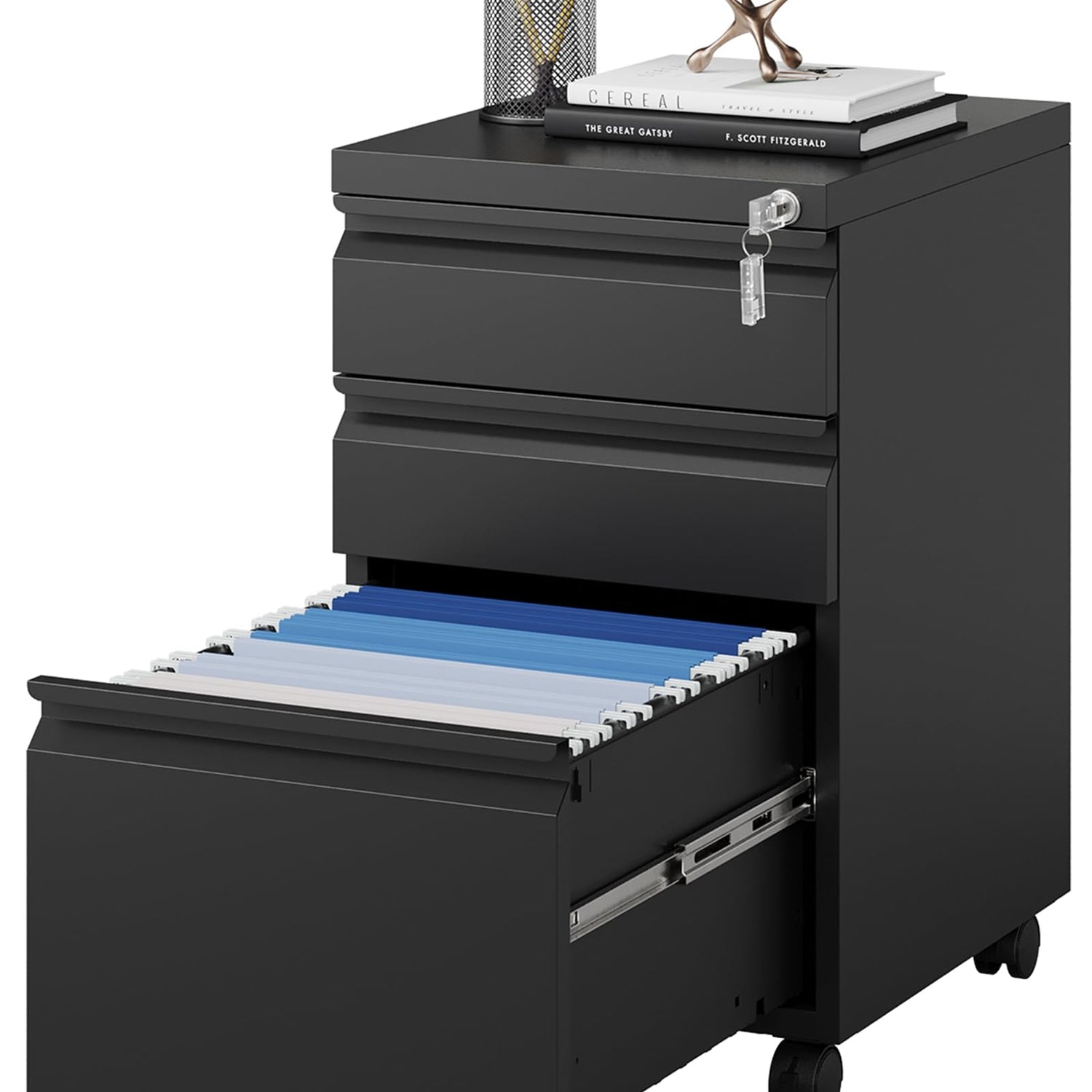 MIIIKO File Cabinet 3 Drawers on Wheels Under Desk, Metal Rolling File Cabinets with Lock for Home Office, Unassembled MIIIKO