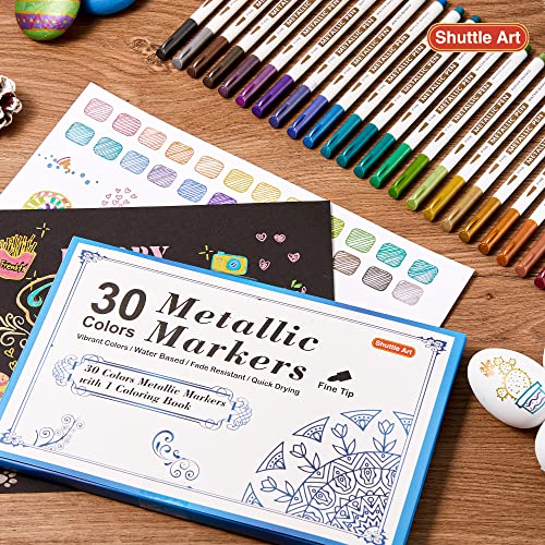 Metallic Marker Pens, 30 Colors Metallic Paint Markers with 1 Coloring Book  Fine Point for DIY Card, Calligraphy, Art and Crafting Projects, Works  Great on Black Paper, Scrapbooks, Rock