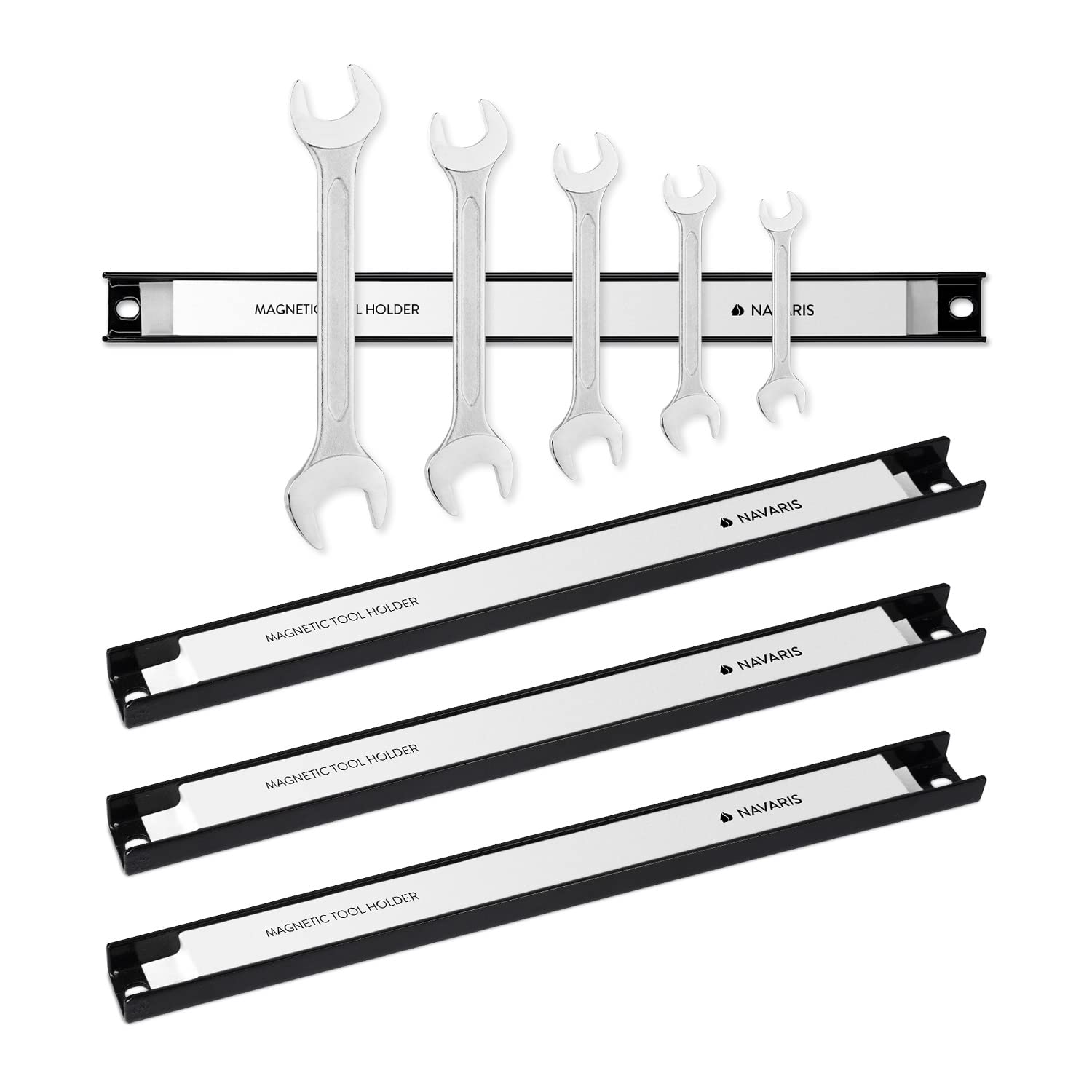 Navaris Set of 4 Magnetic Tool Holder Rack - 12 Inch Heavy Duty Garage Wall Holder Strip for Tools - Tool Bar with Magnet for Screwdriver, Wrench Navaris