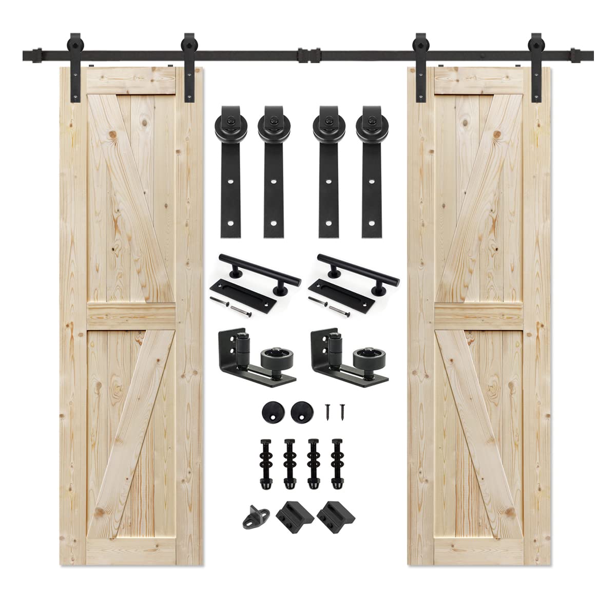S&Z TOPHAND 24 in. x 84 in. Double Unfinished British Brace Knotty Barn Door with 8FT Sliding Door Hardware Kit/Solid Wood/Sliding Door/Double S&Z TOPHAND