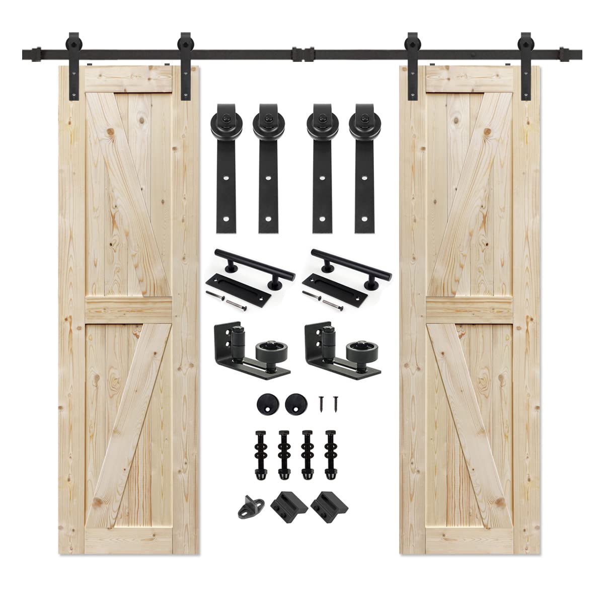 S&Z TOPHAND 24 in. x 84 in. Double Unfinished British Brace Knotty Barn Door with 8FT Sliding Door Hardware Kit/Solid Wood/Sliding Door/Double - WoodArtSupply