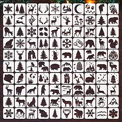 100 Pieces Winter Forest Stencil Template for Painting Reusable Drawing Stencils Animal Plant Stencil, Stencils for Painting on Wood Craft Supplies Wall Home DIY Decor 3 x 3 Inch