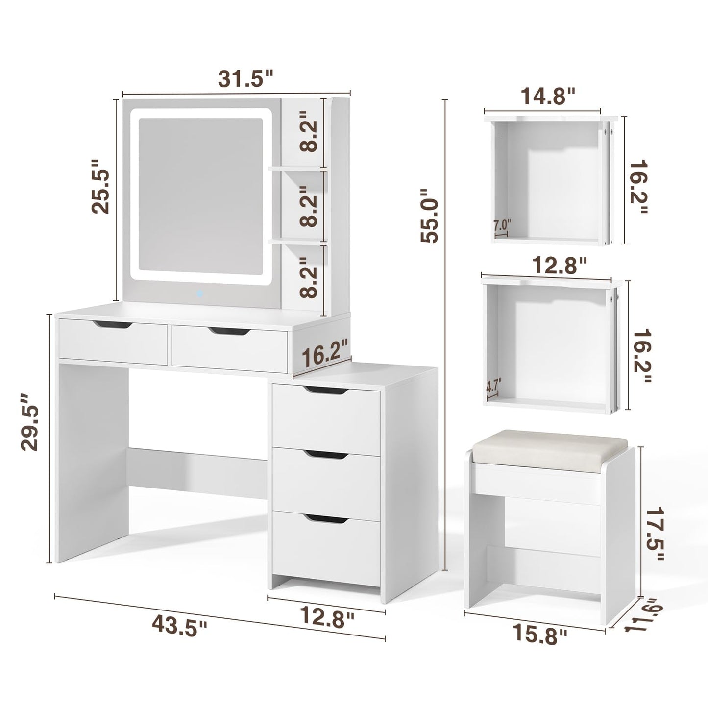 Aiho Makeup Vanity Desk with Mirror and Lights, 43.5" Vanity Table with 5 Drawers & Storage Shelves, 3 LED Light Modes & Adjustable Brightness,