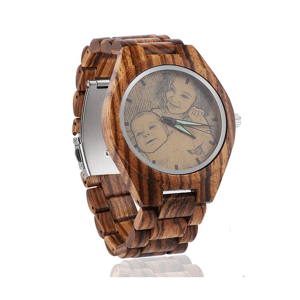 Godchoices Personalized Photo Wood Watch Engraved Text Double-Sided Custom Wrist Watch for Men Father Fiance Groomsmen Gifts Ideas Anniversary Godchoices