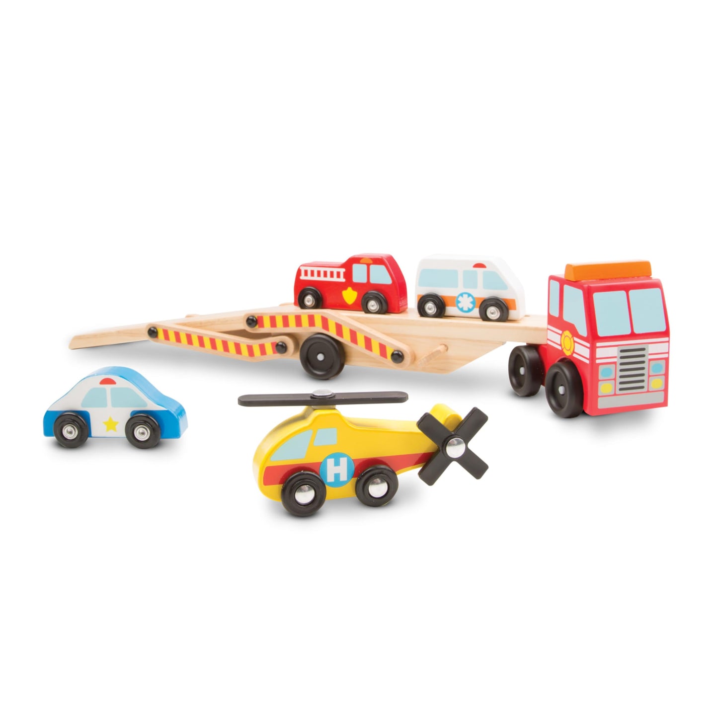 Melissa & Doug Wooden Emergency Vehicle Carrier Truck With 1 Truck and 4 Rescue Vehicles - WoodArtSupply