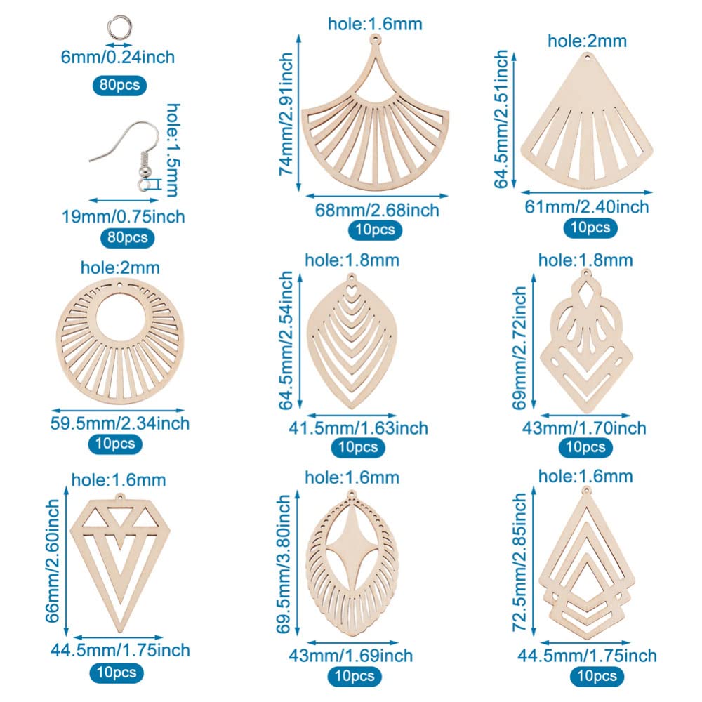 80pcs Natural Unfinished Wooden Earring Pendant 8 Styles Undyed Filigree Round Teardrop Blank Cutout Wood Dangle Earrings Kit with Jump Rings & Fish EEE ELECRELIVE