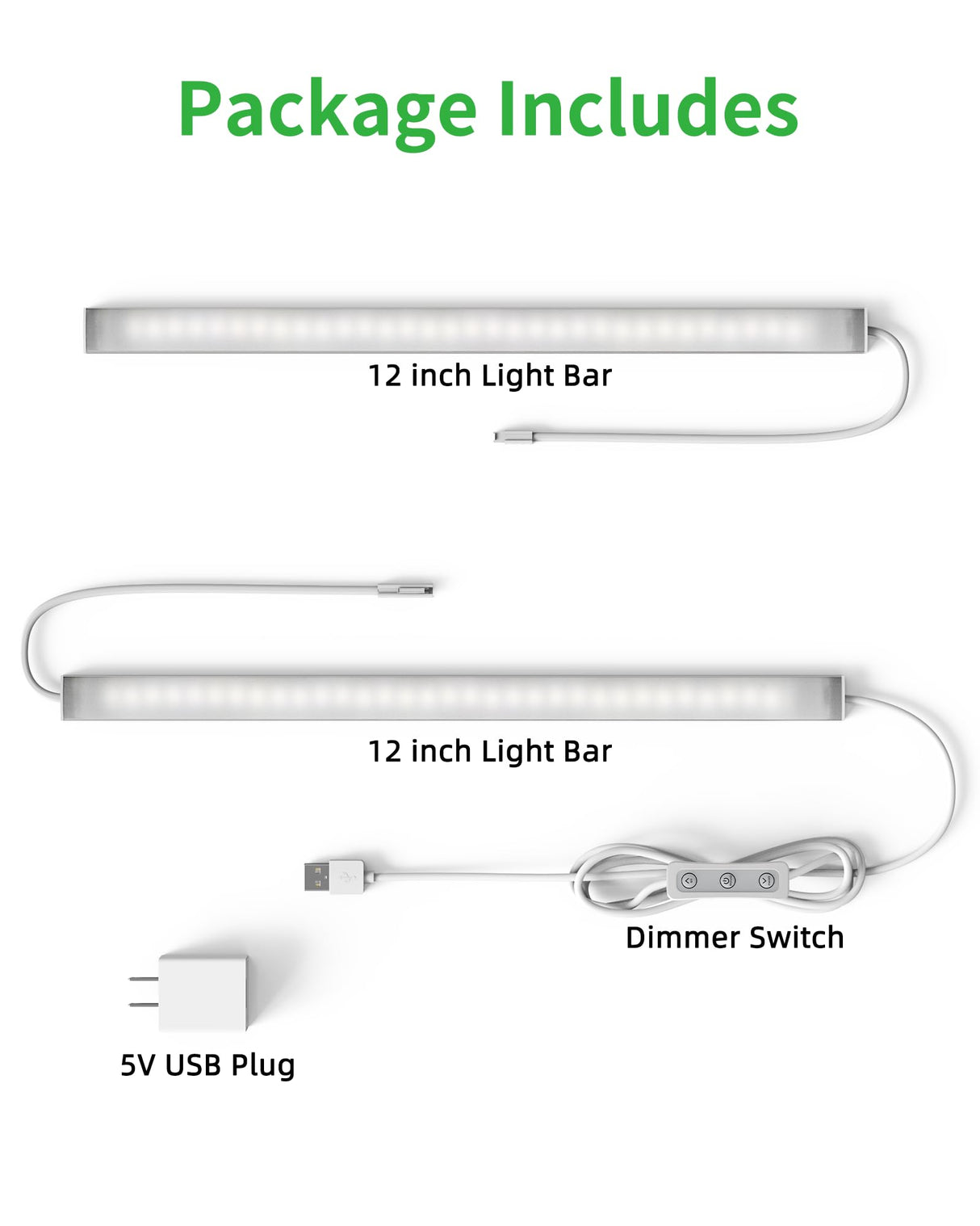 Vovamo Plug-in Under Cabinet Lighting, Dimmable Counter Lights for Kitchen, 2pcs 12 Inch, Cold White 6000K Linkable USB Led Closet Light, Wired Vovamo