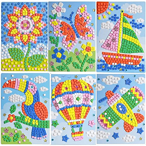 LZHZH Mosaic Sticker Art Sticky DIY Handmade Art Kits for Kids - Sunflower, Butterfly, Sailboat, Woodpecker, hot air Balloon, Airplane (6 Pack) - WoodArtSupply