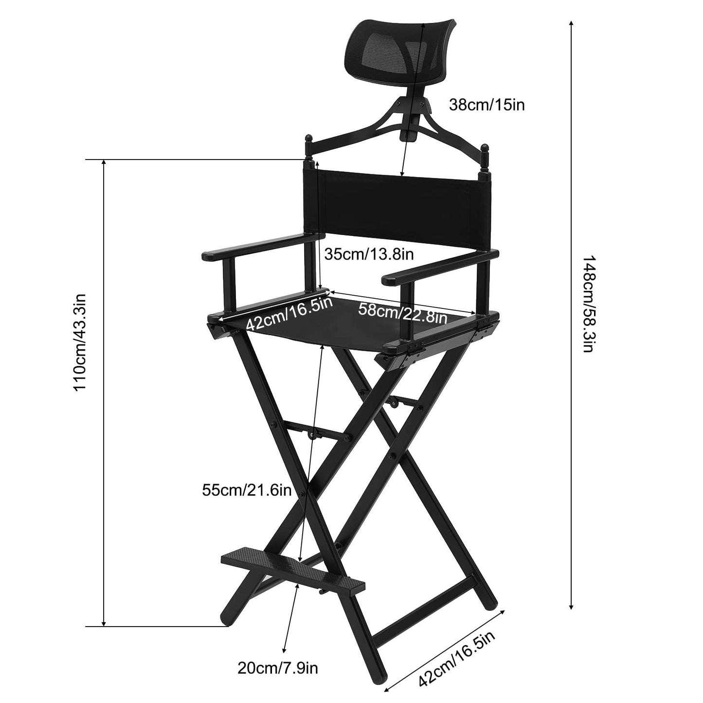 BINELUCOLU Tall Director Chair, Folding Makeup Artist Chair with Head/Foot Rest Height Adjustable Portable Makeup Chair, Support 330.69lbs