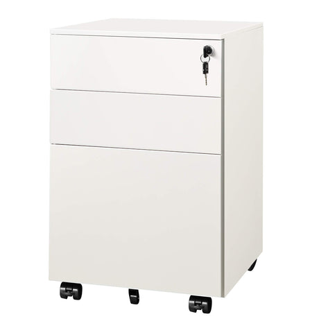 DEVAISE Locking File Cabinet, 3 Drawer Rolling Pedestal Under Desk Office, Fully Assembled Except Casters, White DEVAISE