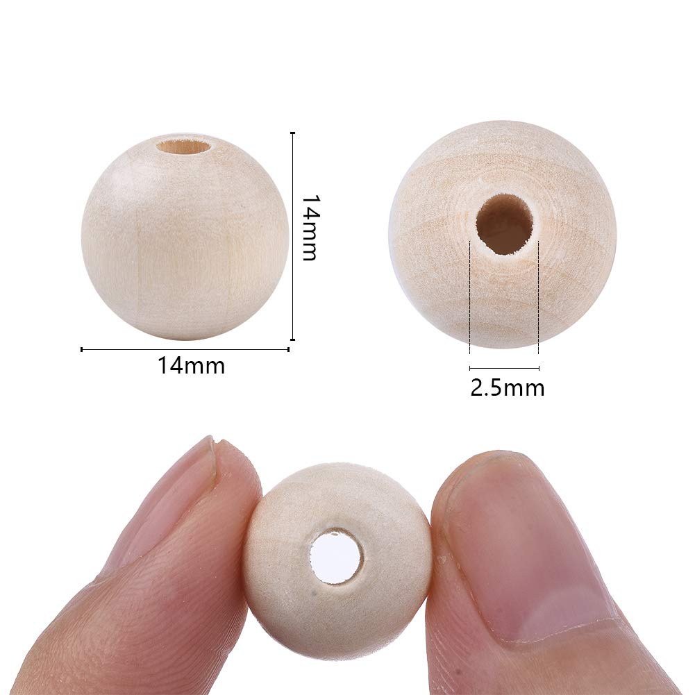 Pandahall 100pcs Natural Round Euro Wood Beads 14mm Unfinished Wooden Loose Spacer Beads for Jewelry Making DIY Crafts Supplies Hole 2.5mm